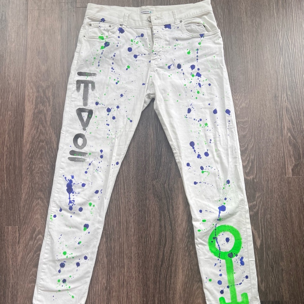 PAROSH women’s White Artistic Splatter cotton pants paint splatter